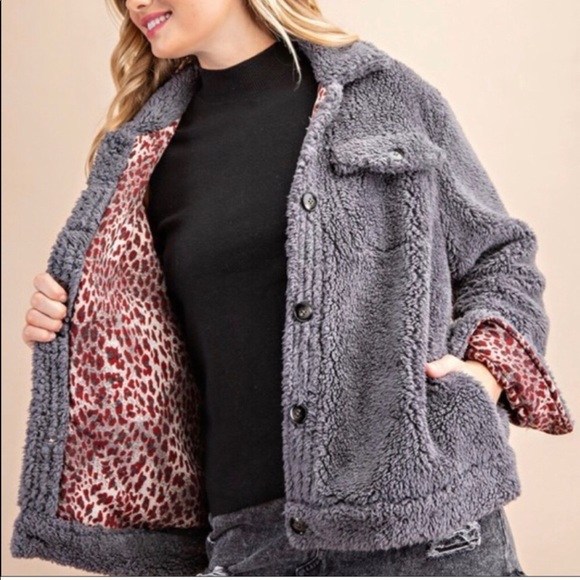 Private Label Jackets & Blazers - GRAY TRUCKER JACKET PINK LEOPARD LINED JACKET